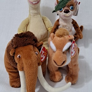NEW Retired HTF 20th Century Fox DreamWorks Ice Age Dawn of Dinosaurs Manny Sid Buck Diego Plush Bean Bag TY Beanie Babies Doll Collection
