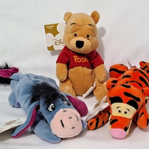 Disney Store Park Resort Hundred Acre Woods Embroidered Bumblebee Winnie the Pooh Tigger or Eeyore Plush Bean Bag Doll Retired New with Tags
