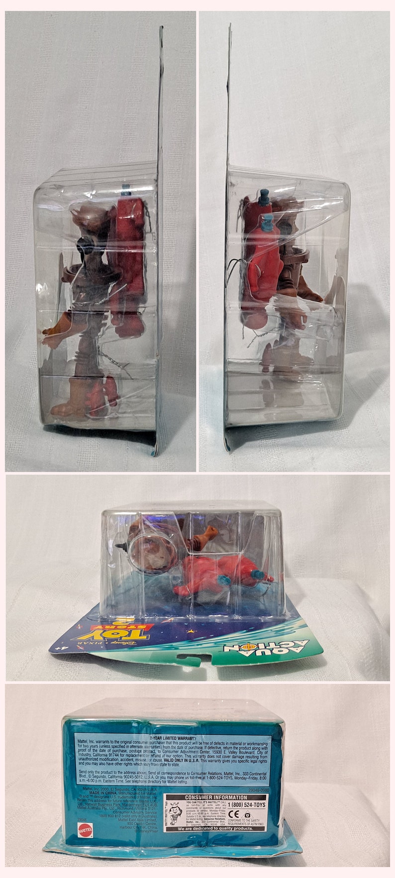 Pode incluir: Uma embalagem de pl&aacute;stico contendo uma figura de a&ccedil;&atilde;o vermelha e marrom de Buzz Lightyear da franquia de filmes Toy Story. A figura est&aacute; em uma pose espacial com um fundo azul e verde. A embalagem inclui o texto "Aqua Action" e "Toy Story".