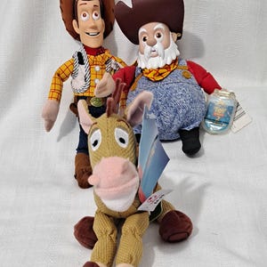 Vintage New Tags Disney Store Pixar Toy Story Sheriff Woody Cowboy Prospector Pete Star Bean or Bullseye Disney Store Bean Bag Plush Doll image 1