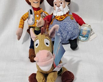 Vintage New e Tags Disney Store Pixar Toy Story Sheriff Woody Cowboy Prospector Pete Star Bean or Bullseye Disney Store Bean Bag Plush Doll
