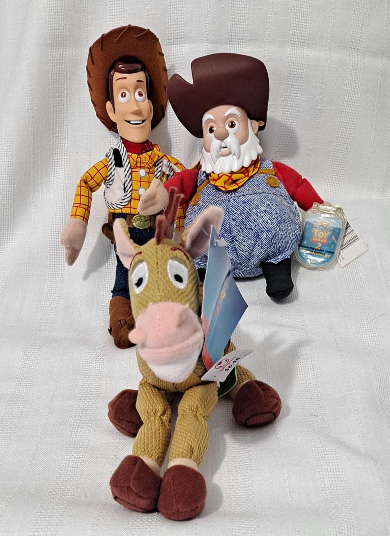 Vintage New Tags Disney Store Pixar Toy Story Sheriff Woody Cowboy Prospector Pete Star Bean or Bullseye Disney Store Bean Bag Plush Doll image 1