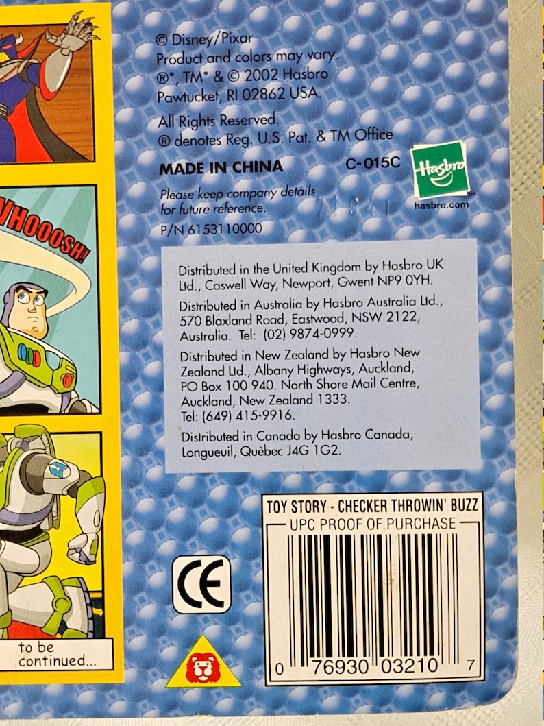 May include: Toy Story Checker Throwin' Buzz game packaging with a blue background and a UPC barcode. The packaging features a cartoon image of Buzz Lightyear in a yellow and green spacesuit. The text "Toy Story - Checker Throwin' Buzz" and "UPC Proof of Purchase" is printed on the packaging.