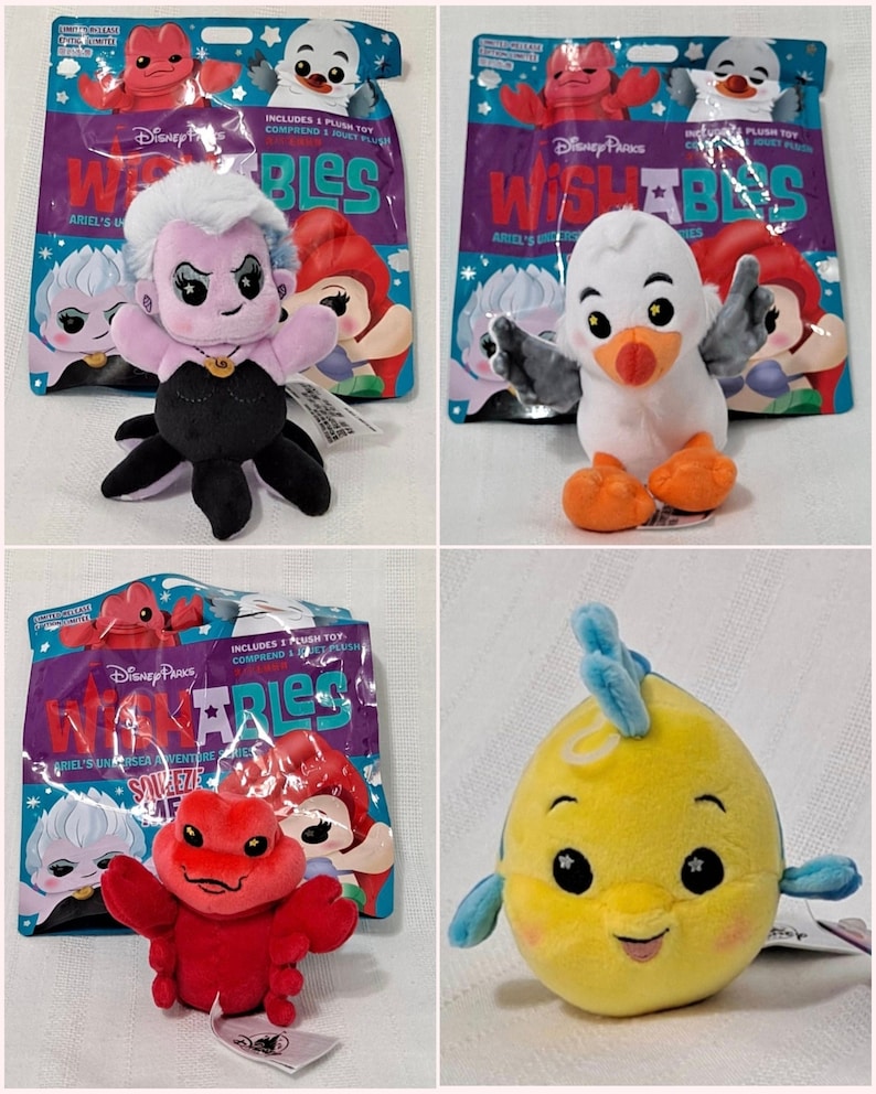 May include: Four Disney Parks Wishables plush toys in their packaging. The toys are Ursula from The Little Mermaid, Scuttle from The Little Mermaid, Sebastian from The Little Mermaid, and Flounder from The Little Mermaid. Each plush toy is in a clear plastic bag with a colorful design featuring the Disney Parks logo and the Wishables name.