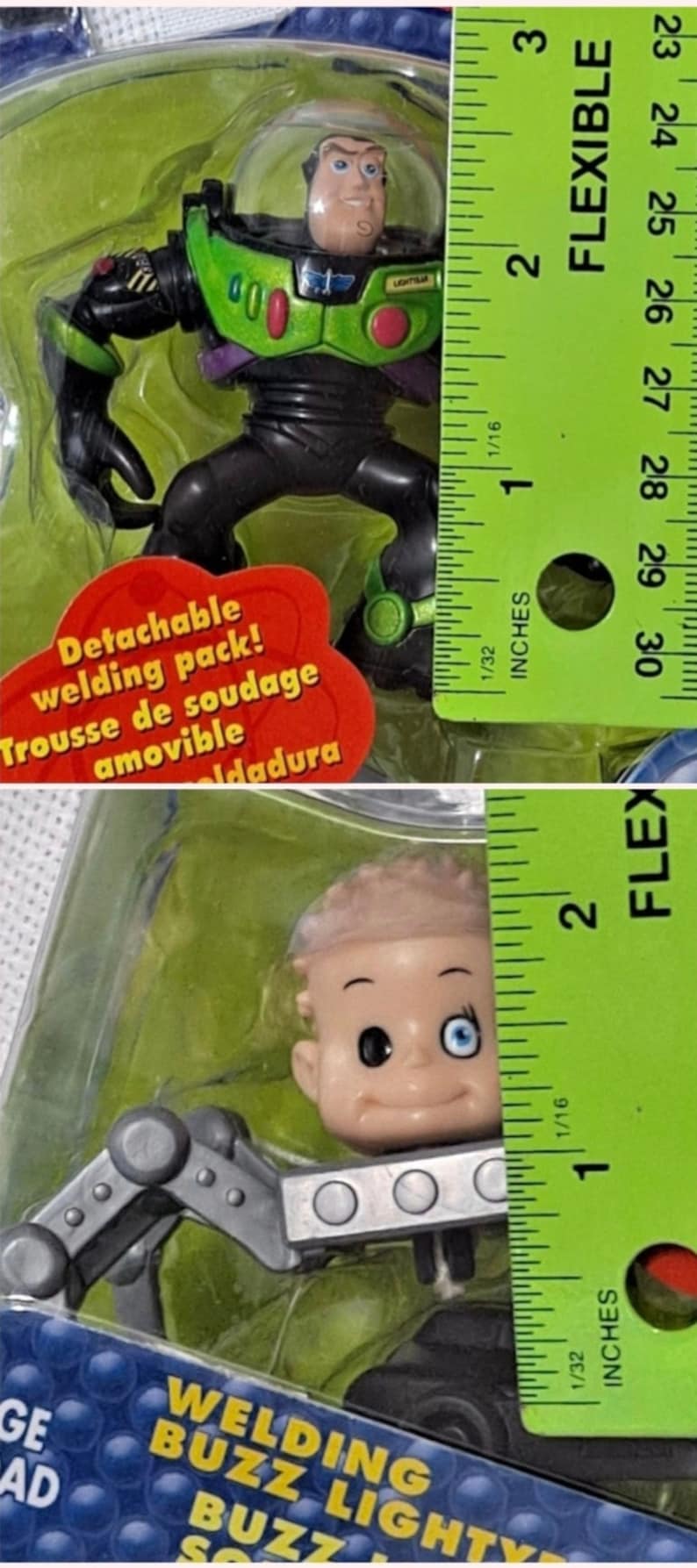 May include: A green and black Buzz Lightyear action figure with a detachable welding pack. The figure is approximately 5 cm tall and is packaged in a clear plastic blister pack. The packaging includes the text "Detachable welding pack! Trousse de soudage amovible Idadura".