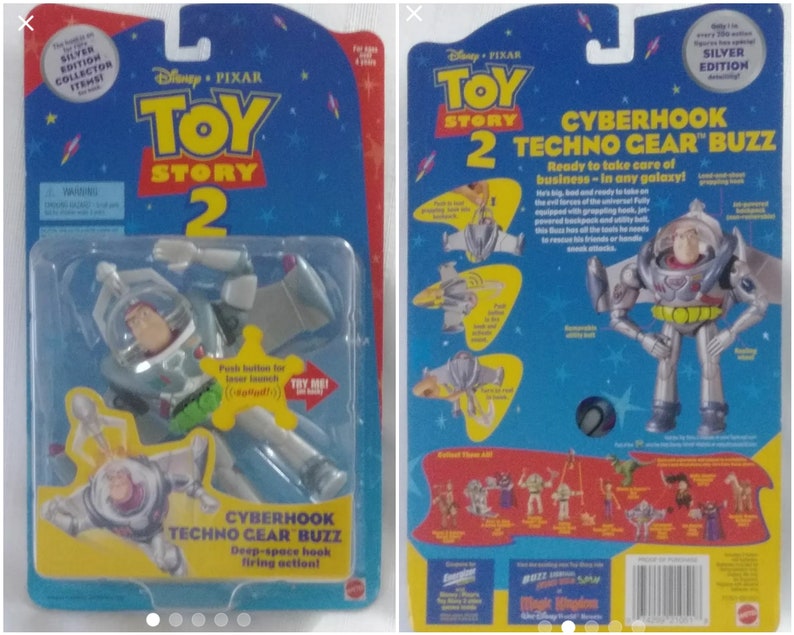 May include: Toy Story 2 action figure of Buzz Lightyear in a silver and green techno gear suit. The figure has a deep-space hook firing action. The packaging is blue and yellow with the words "Cyberhook Techno Gear Buzz" and "Ready to take care of business - in any galaxy!"