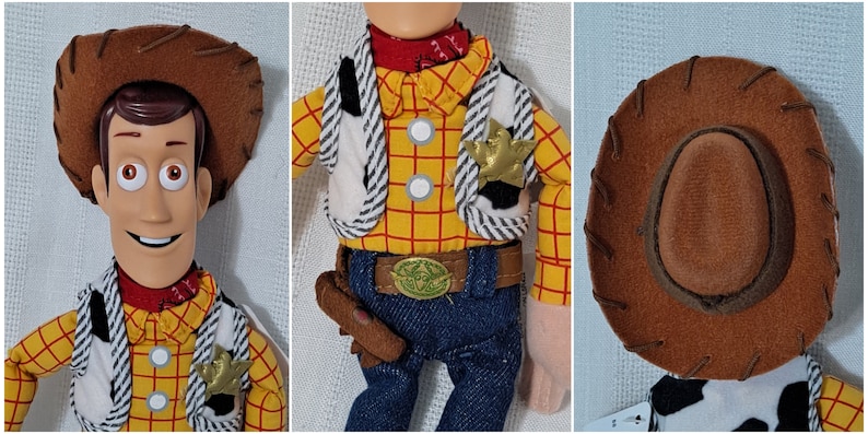 May include: A plush toy of Woody from the Toy Story franchise. Woody is wearing his signature brown cowboy hat, red bandana, yellow and red plaid shirt, white vest with black stripes, blue jeans, and a brown belt with a sheriff's star buckle. He is holding a brown holster with a brown gun inside.