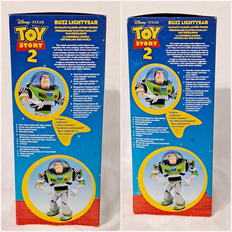 May include: Buzz Lightyear action figure from Toy Story 2. The figure is green, white, and purple with a clear visor. The figure has articulated arms and legs and a button on the chest. The box features the Toy Story 2 logo and text that reads "I'm Buzz Lightyear." "To infinity and beyond!" and "Buzz Lightyear to the rescue!"