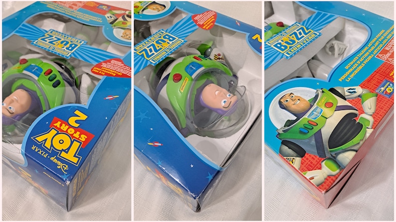 May include: A toy Buzz Lightyear action figure from the Disney Pixar Toy Story 2 movie. The figure is in a plastic spaceship with a clear plastic bubble helmet. The packaging is blue and white with the Toy Story 2 logo and Buzz Lightyear's name.