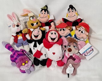 Vintage New Tags Alice Wonderland Dormouse Mouse White Rabbit Red Black Card Ace Spades Queen Cheshire Cat Hearts Disney Plush Bean Bag Doll