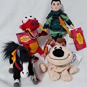 Vintage New with tags Warrior Princess Mulan Dragon Mushu Little Brother Dog Khan Horse Disney Plush Bean Bag Doll