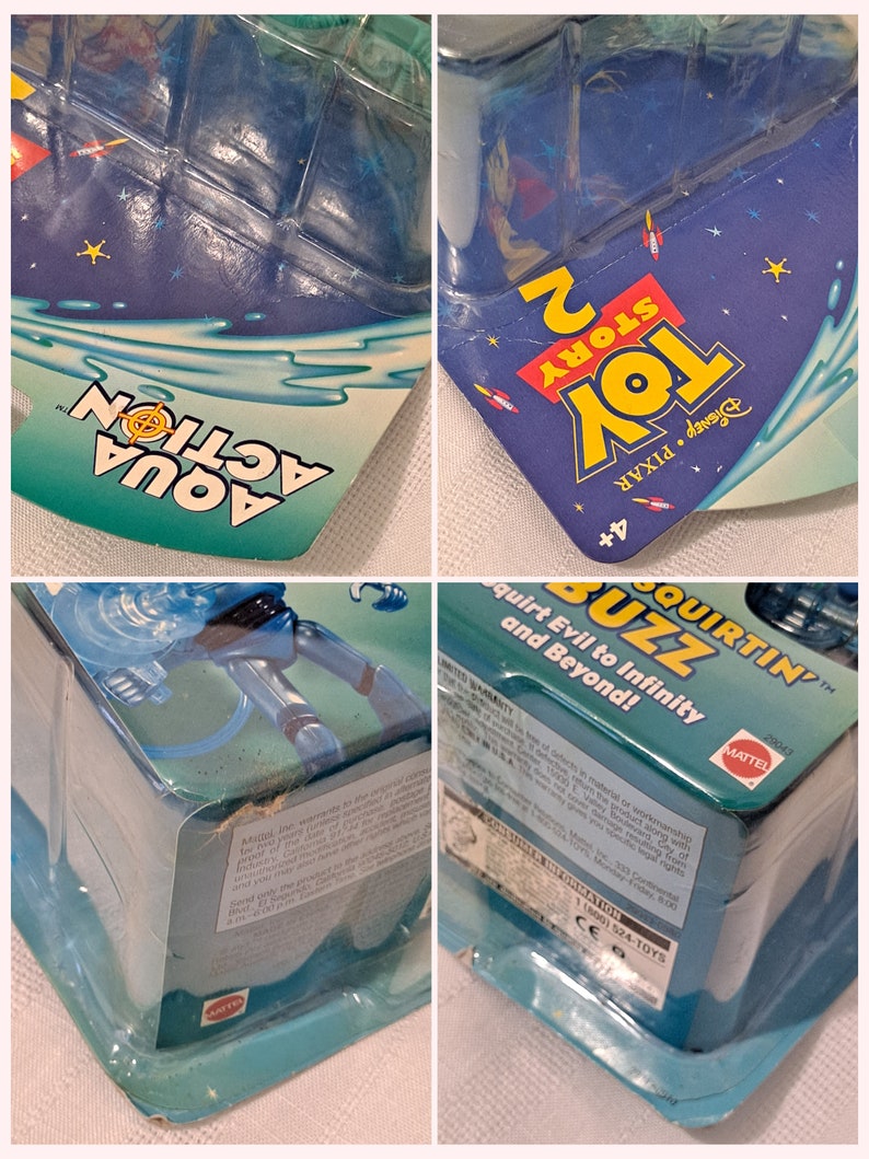 Peut inclure: Une figurine d'action en plastique bleu de Buzz l'&Eacute;clair de la franchise Toy Story. La figurine est emball&eacute;e dans une bo&icirc;te &agrave; bulles en plastique transparent avec un dos en carton bleu et blanc. L'emballage pr&eacute;sente le logo Toy Story et la phrase "Quirt Evil to Infinity and Beyond!" La figurine tient un appareil bleu qui projette de l'eau.