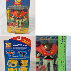 May include: Toy Story Solar Patroller Buzz action figure. The figure is red, white, and gray with a purple cape. The figure is holding a yellow weapon. The packaging features the Toy Story logo and the words "Adventure Collection".
