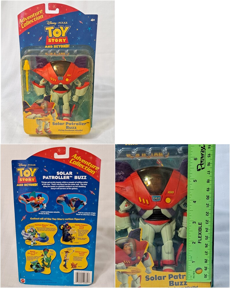 May include: Toy Story Solar Patroller Buzz action figure. The figure is red, white, and gray with a purple cape. The figure is holding a yellow weapon. The packaging features the Toy Story logo and the words "Adventure Collection".