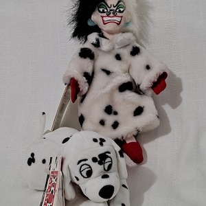 Vintage New with Tags Disney Store Park Resort 101 Dalmatians Cruella de Vil Plush Bean Bag Doll and Applause Dalmatian Vintage 1990s
