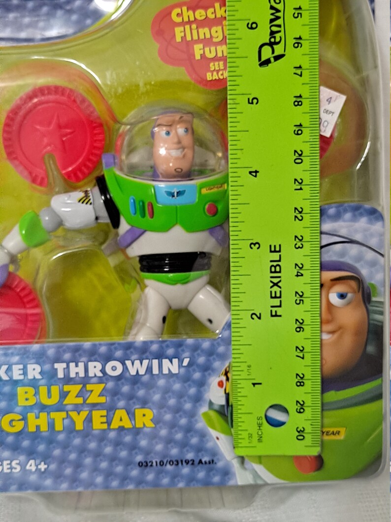 May include: A plastic action figure of Buzz Lightyear from the Toy Story franchise. The figure is wearing his signature green and white space ranger suit. The figure is holding a red disc in his right hand. The packaging includes the text "Checker Throwin' Buzz Lightyear" and "Ages 4+".