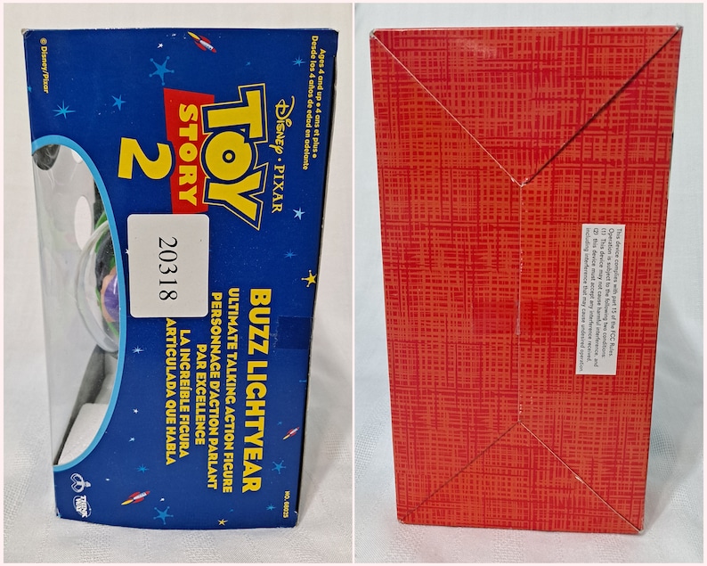 May include: Toy Story 2 Buzz Lightyear Ultimate Talking Action Figure box with a red, white, and blue design. The box features a picture of Buzz Lightyear in his spaceship. The box is labeled with the Toy Story 2 logo and the Disney Pixar logo.