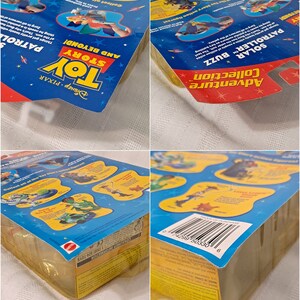 May include: Toy Story Solar Patroller Buzz action figure packaging with a blue, yellow, and red color scheme. The packaging features images of Buzz Lightyear and other characters from the Toy Story franchise. The back of the packaging includes a description of the toy and a list of other characters in the collection.