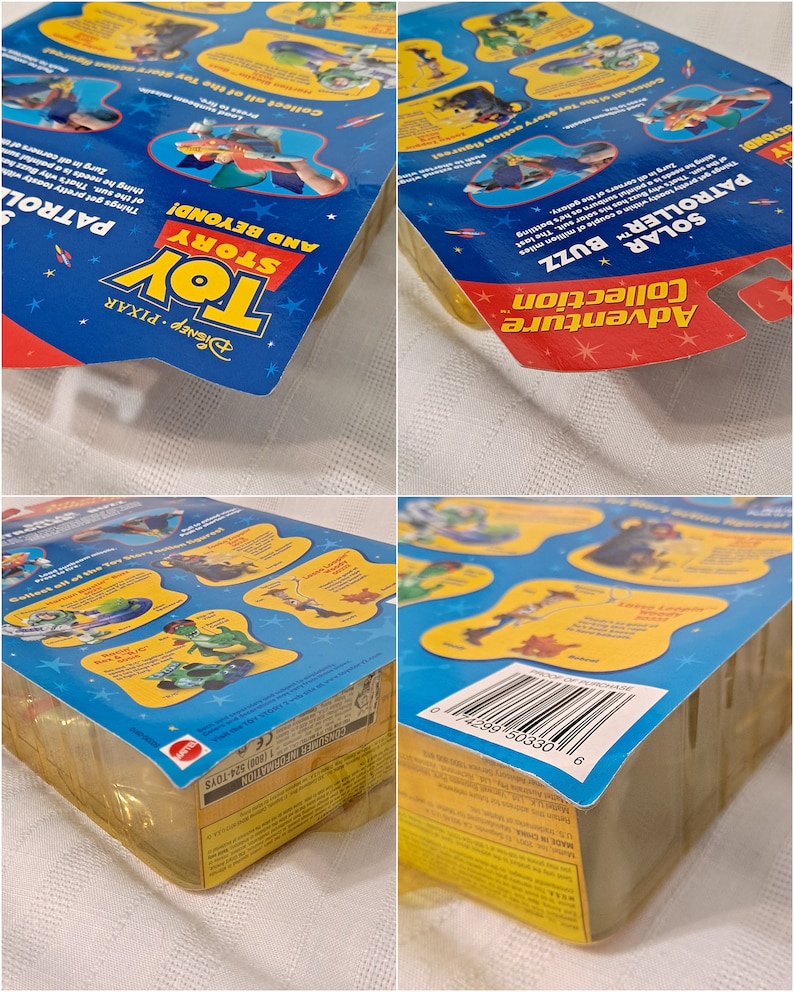 May include: Toy Story Solar Patroller Buzz action figure packaging with a blue, yellow, and red color scheme. The packaging features images of Buzz Lightyear and other characters from the Toy Story franchise. The back of the packaging includes a description of the toy and a list of other characters in the collection.