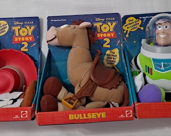 Disney Pixar Toy Story 2 Mattel Cowgirl Jessie Bullseye Horse Astronaut Buzz Lightyear Figure Cuddle Doll Vintage Retired New in Package