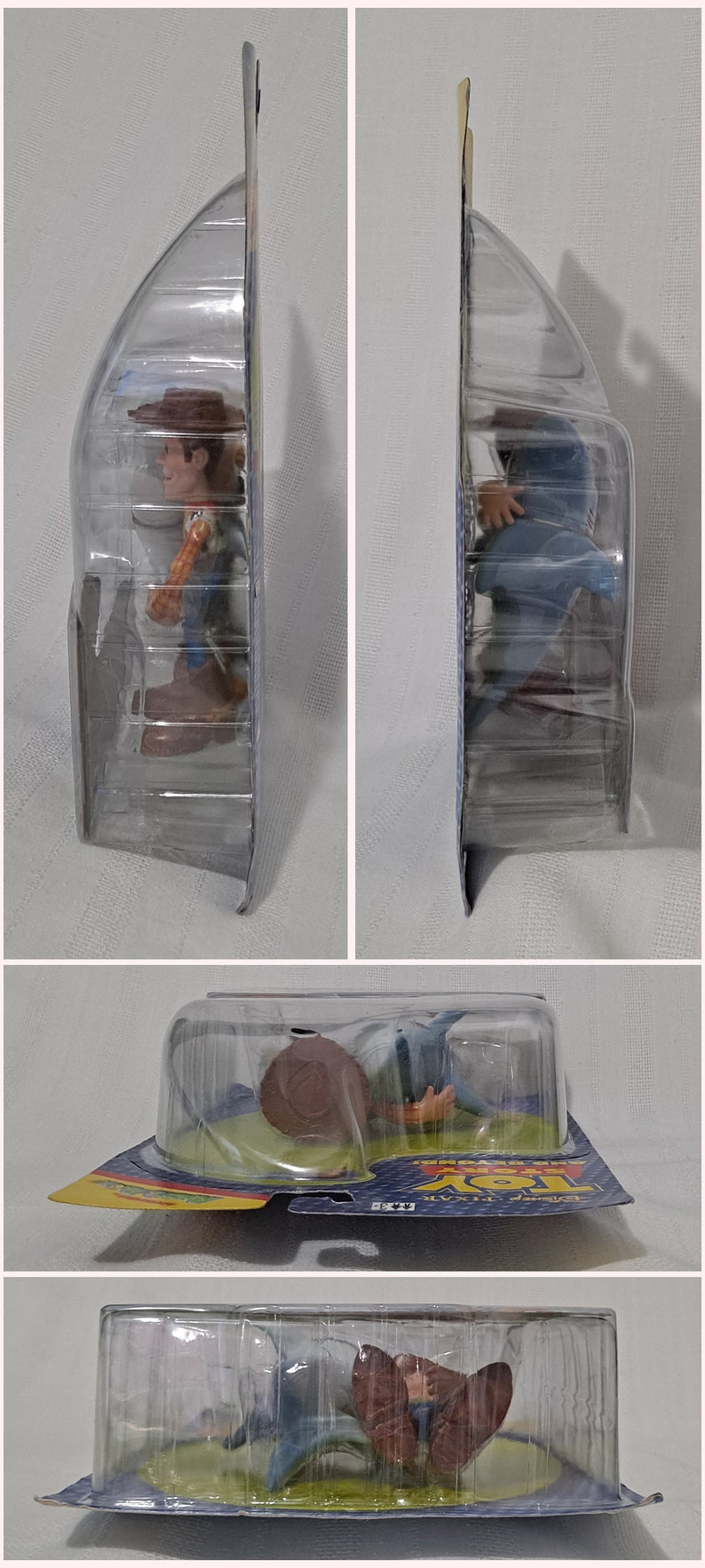 May include: A plastic package containing a toy figure of Woody from the Toy Story film franchise. Woody is wearing his signature cowboy hat and vest. The package is blue and yellow with the Toy Story logo.