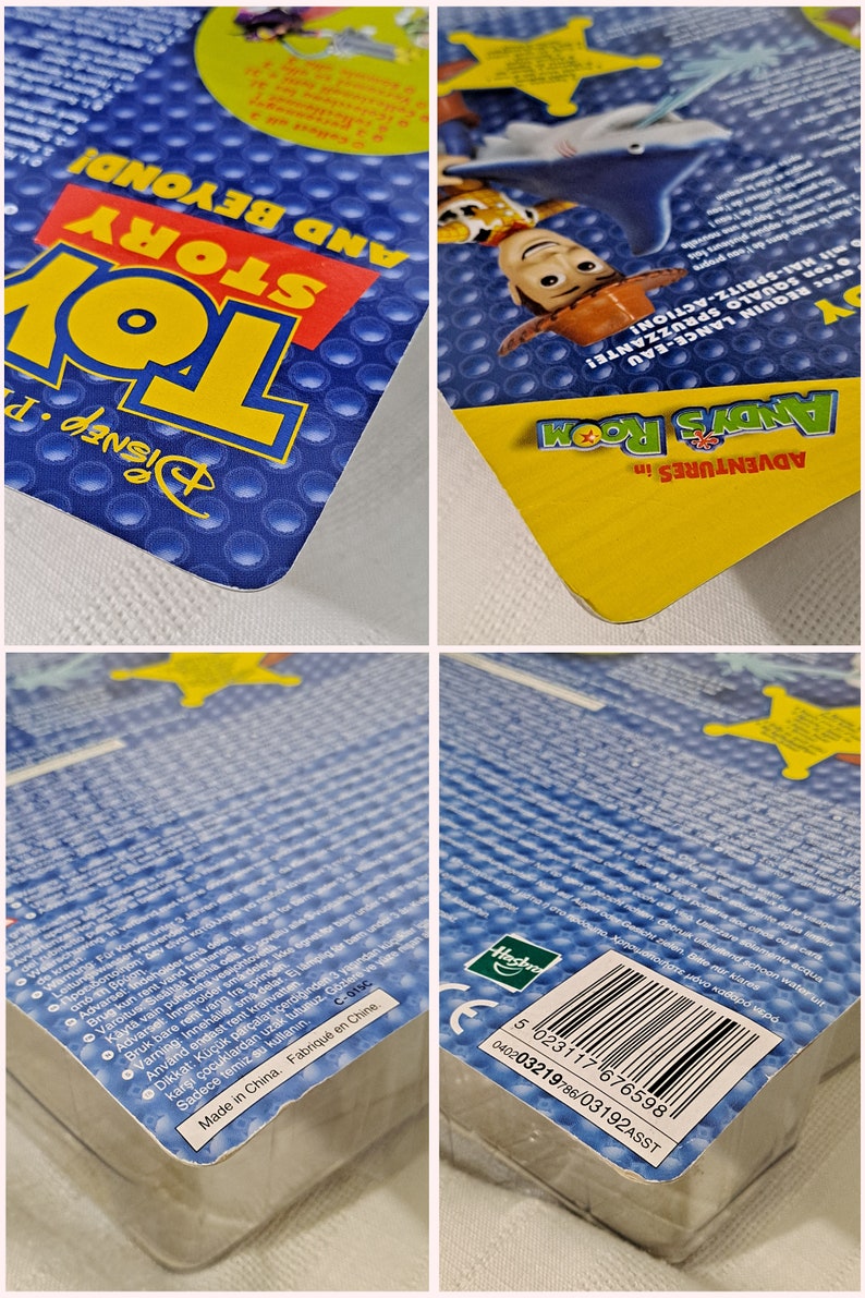 May include: A blue and yellow Toy Story character toy with a water squirting feature. The packaging is blue and yellow with the words "Andy's Room Adventures in Toy Story and Beyond!" printed on it.