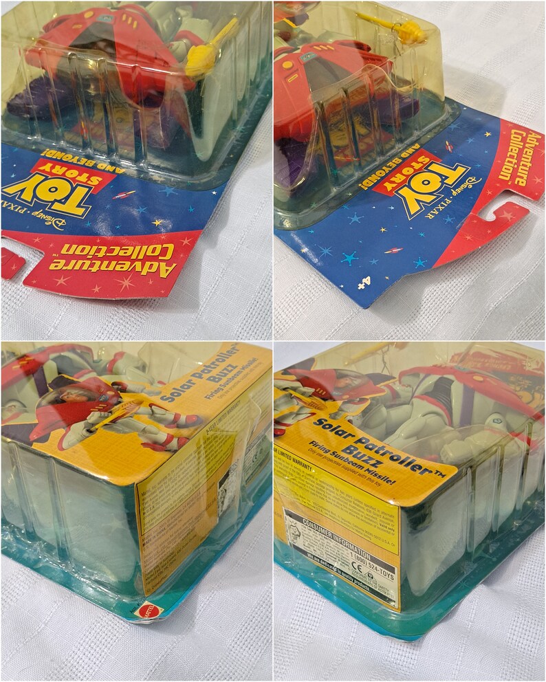 May include: A plastic action figure of Buzz Lightyear from the Toy Story franchise. The figure is wearing a red and white space suit and is holding a yellow laser gun. The figure is packaged in a clear plastic blister pack with a blue and yellow cardboard backing. The packaging features the Toy Story logo and the text "Solar Patroller Buzz" and "Firing Sunbeam Missile!"