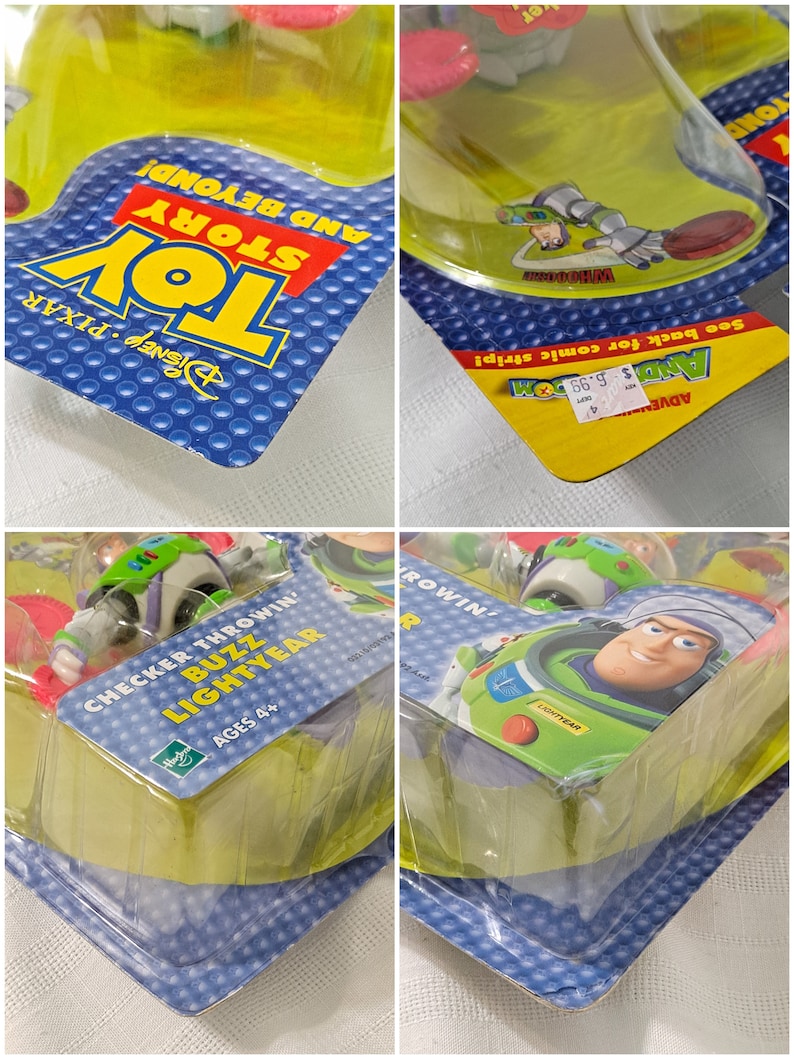 May include: Toy Story Buzz Lightyear Checker Throwin' game packaging. The packaging is yellow, blue, and green with a picture of Buzz Lightyear on the front. The game is for ages 4 and up.