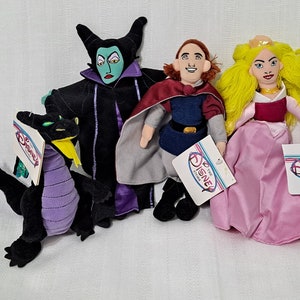 Disney Sleeping Beauty Princess Aurora Briar Rose Prince Phillip Maleficent Queen Witch Dragon Plush Bean Bag Doll New with Tags Vintage