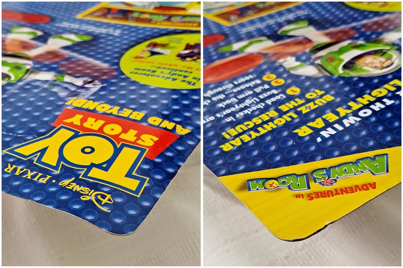 May include: A yellow and blue cardboard box with a picture of Buzz Lightyear from the Toy Story franchise. The box has the text "Adventures in Andy's Room" and "Toy Story and Beyond" on it.