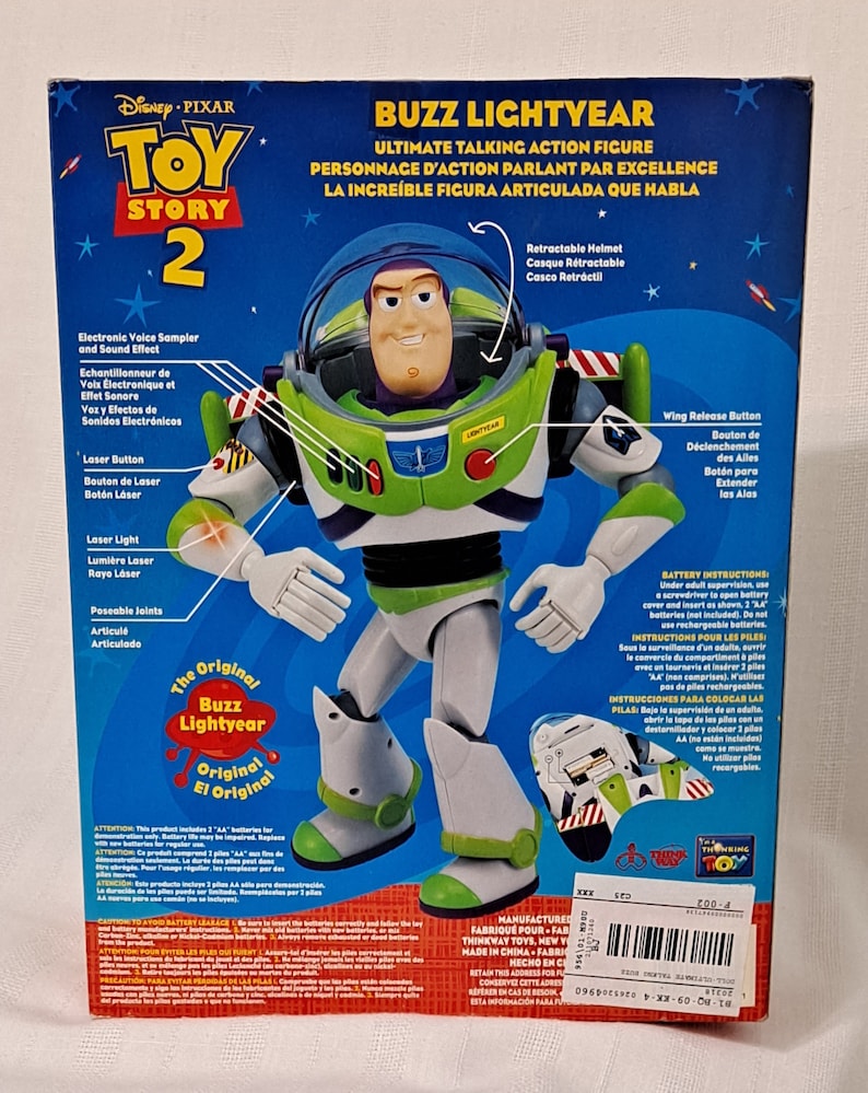 May include: Buzz Lightyear action figure from the Toy Story 2 movie. The figure is green, white, and purple. It has a retractable helmet, laser light, and poseable joints. The packaging features the original Buzz Lightyear logo.