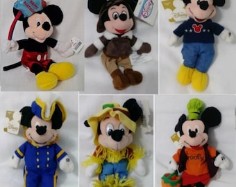 Mickey Mouse Happy Birthday Balloons Pilot USA Admiral Scrooge Halloween Costume Dress Up Disney Plush Bean Bag Doll New Tags Vintage
