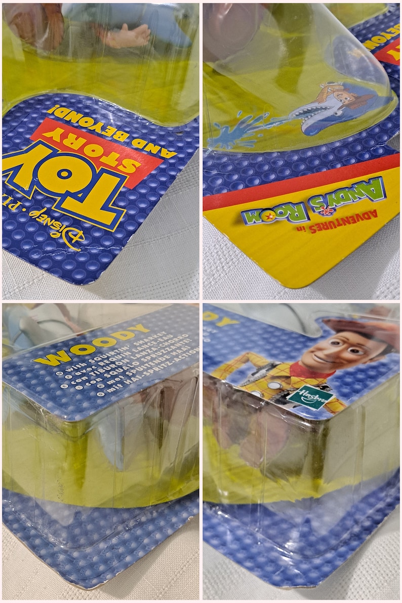 May include: A plastic package with a blue and yellow background featuring a Woody action figure from the Toy Story movie franchise. The package includes the text "Adventures in Andy's Room" and "Disney Pixar Toy Story And Beyond!" The figure is holding a water gun and has a red bandana around his neck.