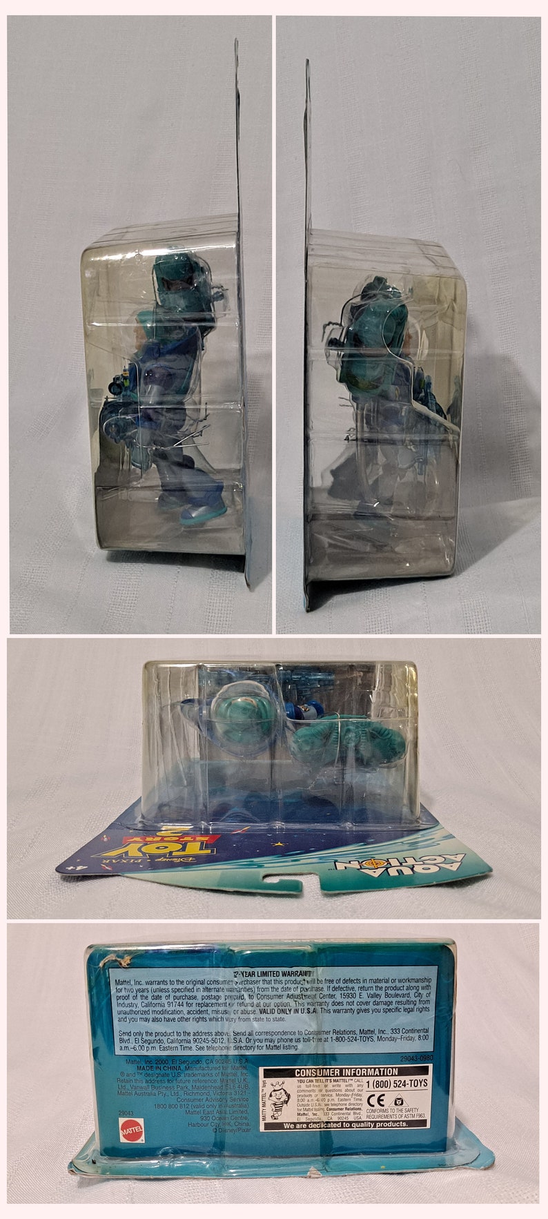 Peut inclure: Une figurine d'action en plastique bleue et verte de Buzz l'&Eacute;clair de la franchise de films Toy Story. La figurine est emball&eacute;e dans une bo&icirc;te en plastique transparent avec un dos en carton bleu et blanc. L'emballage pr&eacute;sente le logo Toy Story et les mots "Aqua Action". Le dos de l'emballage comprend une garantie limit&eacute;e de 2 ans et des informations pour les consommateurs.