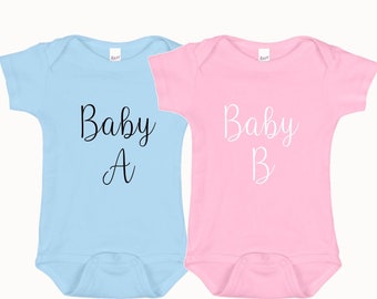 Baby A Baby B Twin bodysuit fraternal Twin Pregnancy Announcement Take Home Outfit Baby Shower Gift Baby Boy Baby Girl Twin Onesies
