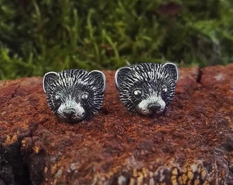 Ferret Stud Earrings: Oxidized Sterling Silver. Tiny Forest Animal Jewelry.