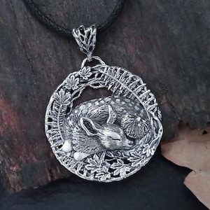 Fawn pendant in oxidized silver. Sleeping baby deer necklace. Fantasy deer jewelry, animal spirit pendant. Artisan solid silver jewelry.