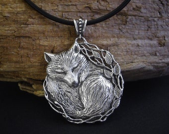 Silver Fox pendant necklace. Sleeping fox talisman pendant, fantasy necklace sterling. Cute fox lover gift for her. Artisan woodland jewelry