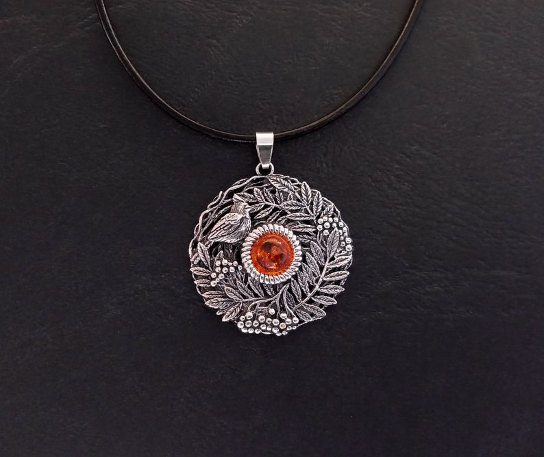 Oxidized Silver Rowan and Bird Pendant. Rowan Tree Necklace. Circle ...