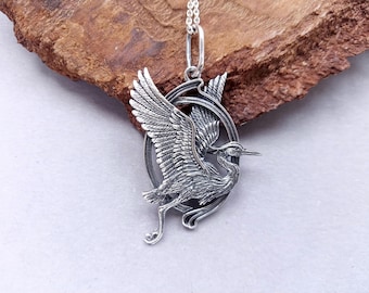 Sterling Silver Heron Pendant Necklace, Oxidized Crane Bird Jewelry, Woodland Nature Motif