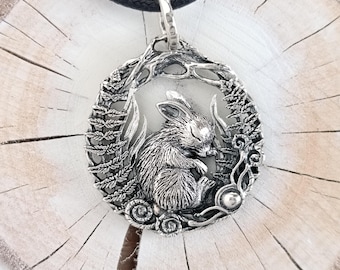 Silver Bunny Pendant in Oxidized Sterling Silver. Sleeping Rabbit Necklace. Woodland Animal Jewelry. Forestcore Nature Lover Gift for Her