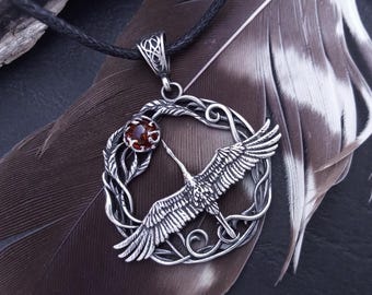 925 Sterling Silver Crane Pendant. Bird Totem Necklace. Handcrafted Fantasy Elvish Jewelry.