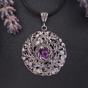 Oxidized sterling silver thistle pendant with amethyst. Nature inspired jewelry. Celtic circle pendant. Thistle gift for her. Rustic jewelry