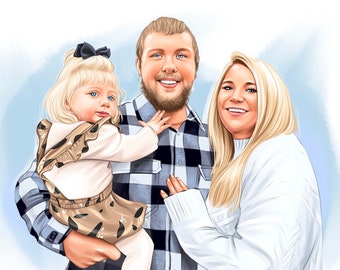 Family portrait of 3 persons, digital custom illustration, realistic style of drawing