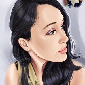Puede incluir: Una pintura digital de una mujer con el pelo largo y negro, que lleva una blusa con estampado dorado y negro. Ella est&aacute; mirando hacia la derecha, y sus ojos est&aacute;n cerrados. La pintura est&aacute; hecha en un estilo realista.