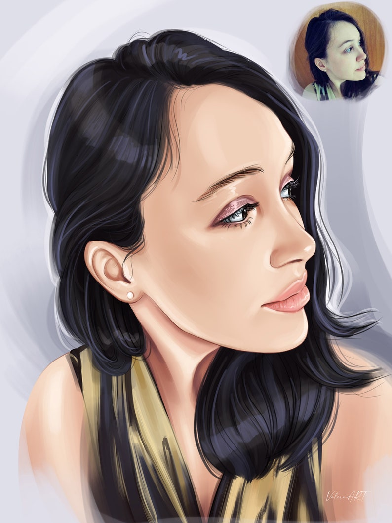 Puede incluir: Una pintura digital de una mujer con el pelo largo y negro, que lleva una blusa con estampado dorado y negro. Ella est&aacute; mirando hacia la derecha, y sus ojos est&aacute;n cerrados. La pintura est&aacute; hecha en un estilo realista.