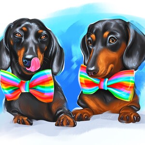 May include: Two black and brown dachshund dogs wearing rainbow bow ties. The dog on the left is sticking its tongue out. The dogs are on a light blue background.