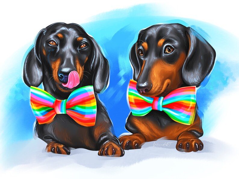 May include: Two black and brown dachshund dogs wearing rainbow bow ties. The dog on the left is sticking its tongue out. The dogs are on a light blue background.