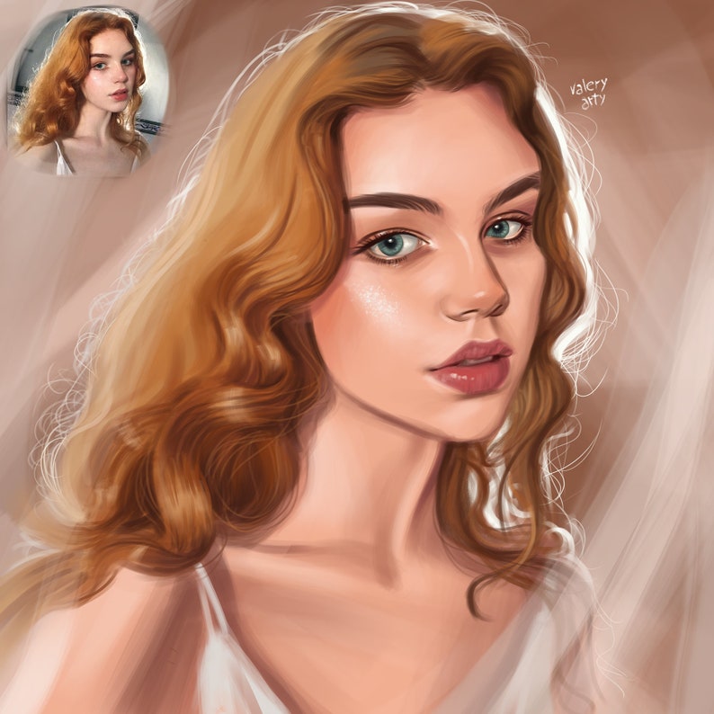 Puede incluir: Una pintura digital de una mujer con el pelo largo, ondulado y casta&ntilde;o claro. Tiene los ojos azules y lleva un top blanco sin mangas. El fondo es de color marr&oacute;n claro.