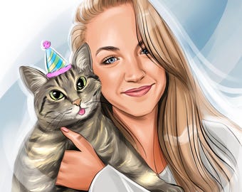Custom cartoon digital art - 1 person and 1 pet